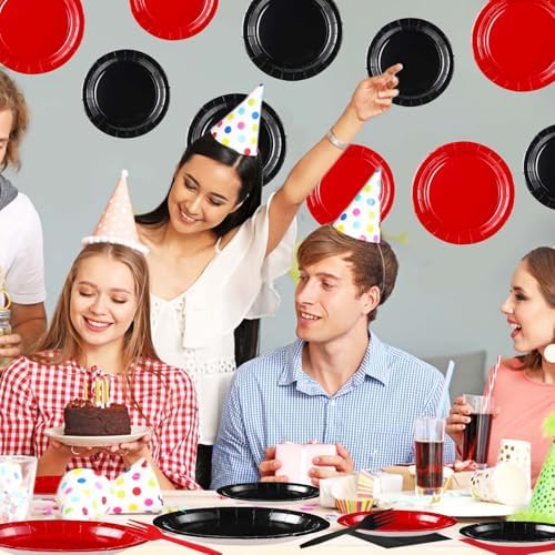 96 Pcs Red and Black Party Plates and Napkins Set