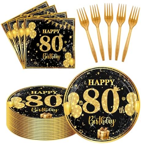 80th Birthday Paper Plates Napkins Forks 60pcs Set