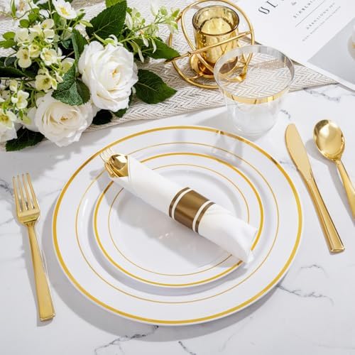 WELLIFE 350Pcs White Gold Plastic Plates for 50 Guests