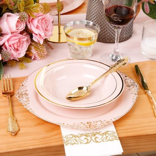 Nervure 50 Pack Pink Plastic Bowls with Gold Rim