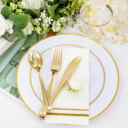 SUT 350 PCS White Gold Disposable Dinnerware Set for 50 Guests
