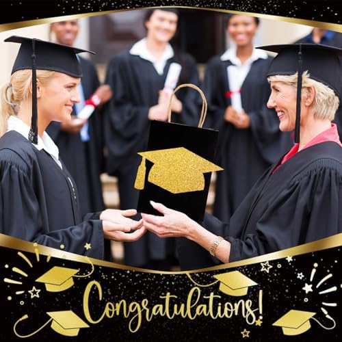 FYSUIMU 24Pcs Glitter Gold Graduation Gift Bags with Handle