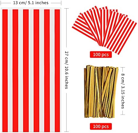 Lecferrarc 100 Pcs Red White Stripe Treat Bags with Twist Ties