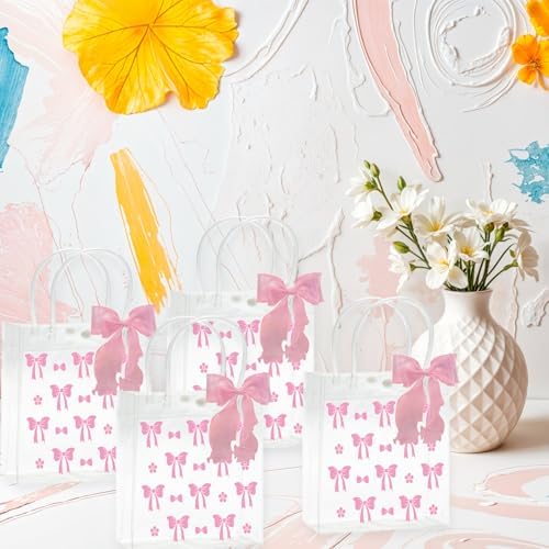Lyosehy 10 Pcs Pink Bow Clear PVC Gift Bags with Handle Ribbon