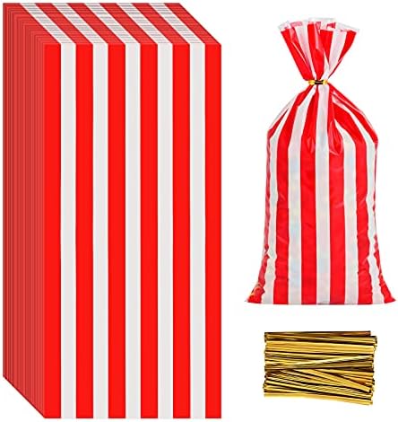 Lecferrarc 100 Pcs Red White Stripe Treat Bags with Twist Ties