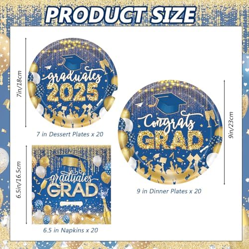 60 PCS Graduation Party Plates Napkins Decor Set Blue Gold