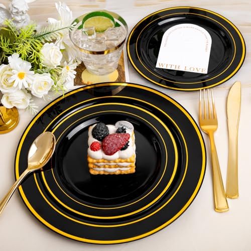 bUCLA 600PCS Black and Gold Disposable Dinnerware Set for Parties