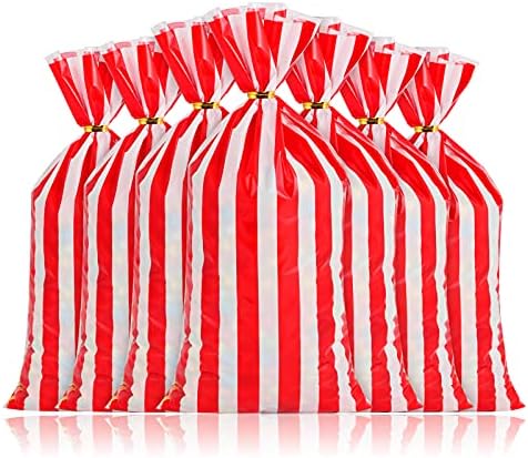 Lecferrarc 100 Pcs Red White Stripe Treat Bags with Twist Ties