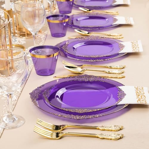 350PCS Clear Purple Plastic Plates with Gold Trim for 50 Guests