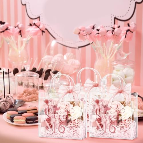 Sweetude 18 Pcs Clear Pink Gift Bags with Handles and Ribbons