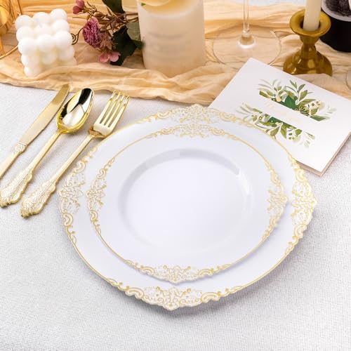 100 PCS White Gold Plastic Plates for 50 Guests