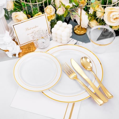 GATHER 350PCS White and Gold Plastic Plates Set for Party Wedding