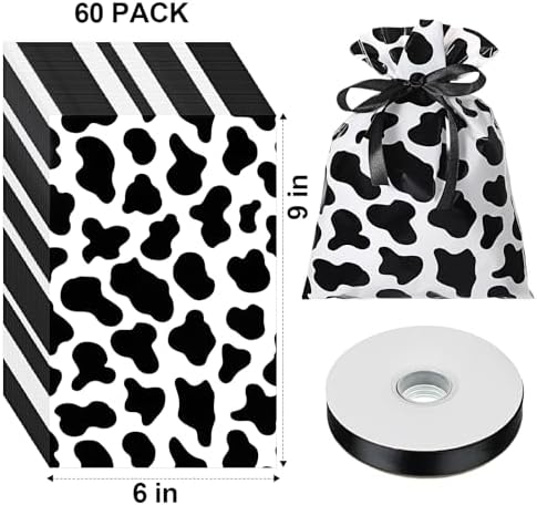 Tinlade 60 Piece 6x9 Inch Cow Cellophane Bags with 25 Yard Ribbon