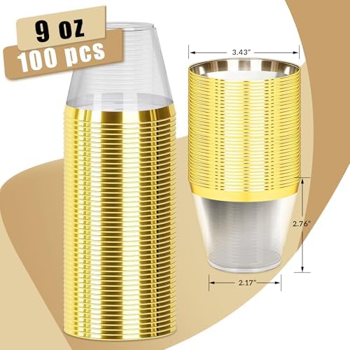 Zcaukya 100pcs 9oz Gold Rim Plastic Cups