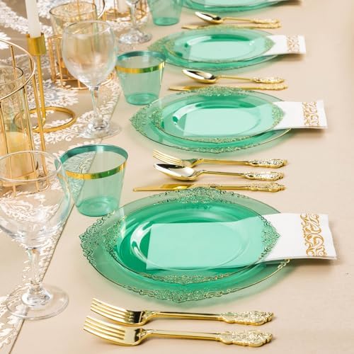 350PCS Clear Green Plastic Plates with Gold Trim for 50 Guests