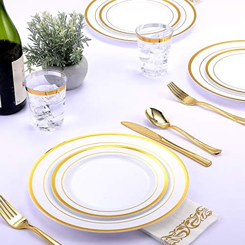 FOCUSLINE 25 Piece Gold Rimmed Disposable Plate Set for 25 Guests