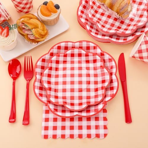 175 Pcs Red Gingham Plates Napkins Party Supplies Set