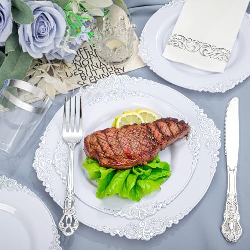 YOUBET 700PCS Silver Plastic Plates Set - 100 Person Wedding Party Disposable Tableware