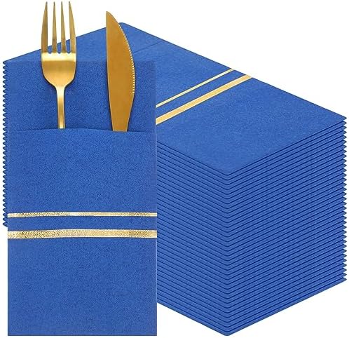 Roshtia 100 Pack Gold Trim Dinner Napkins with Flatware Pocket