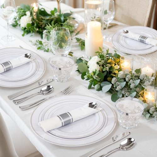 WELLIFE 350Pcs Silver Plastic Plates for 50 Guests - Party Dinnerware Set