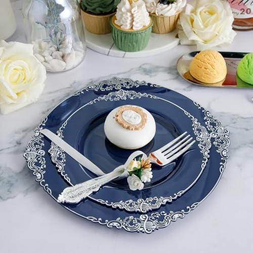 Hioasis 350pcs Blue and Silver Plates Set for 50 Guests