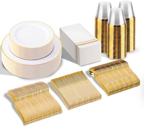 SUT 350 PCS White Gold Disposable Dinnerware Set for 50 Guests