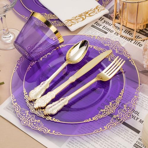 350PCS Clear Purple Plastic Plates with Gold Trim for 50 Guests