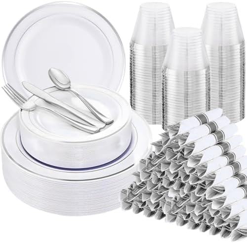 WELLIFE 700 Pcs Silver Plastic Plates Party Set