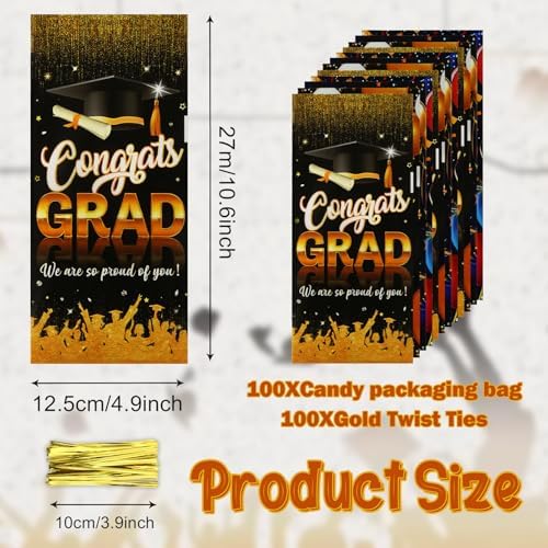 Graduation Cellophane Treat Bags 100pcs Black Gold Congrats Gift Bags