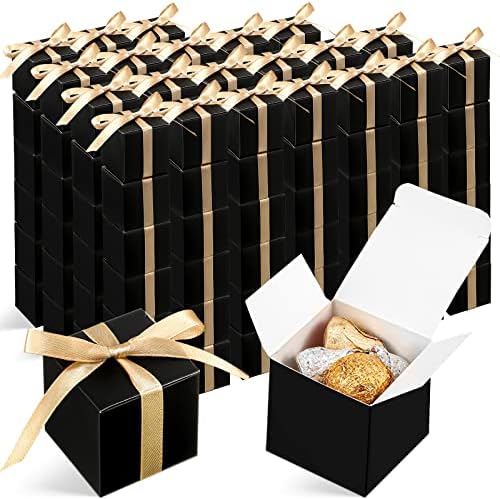 Jutom 100 Pcs Mini Favor Boxes Black Gold Ribbon Gift Wrapping