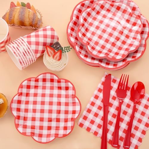 175 Pcs Red Gingham Plates Napkins Party Supplies Set