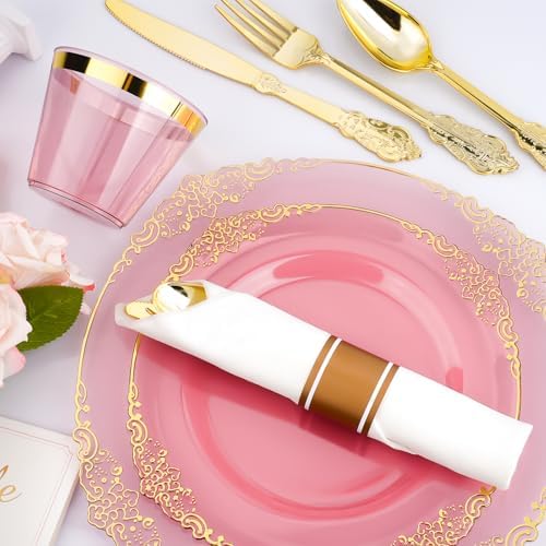 350 PCS Elegant Gold and Burgundy Plastic Dinnerware Set for 50 Guests