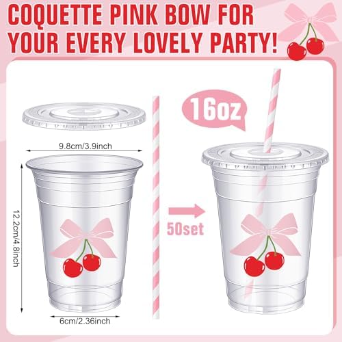 Sliner 50 Pcs 16 Oz Cherry Bow Cups with Straw for Parties