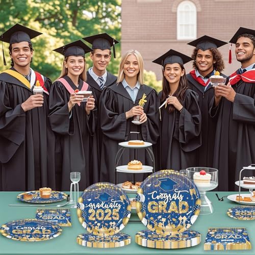 60 PCS Graduation Party Plates Napkins Decor Set Blue Gold