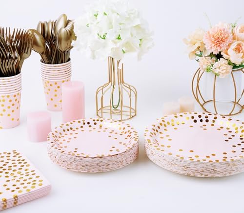 Pink and Gold Party Supplies - 350 PCS Disposable Dinnerware Set