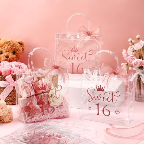 Sweetude 18 Pcs Clear Pink Gift Bags with Handles and Ribbons