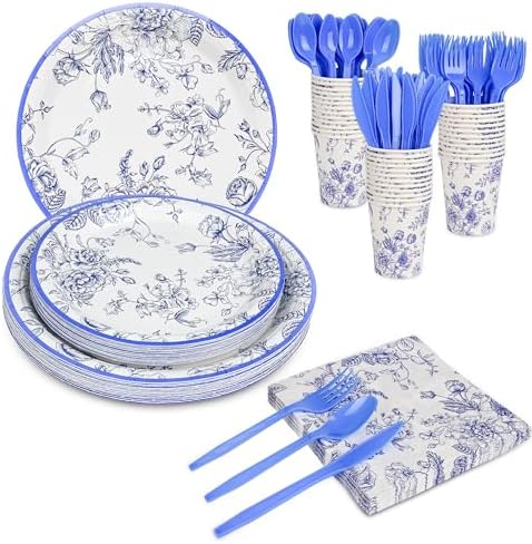 175Pcs Blue Floral Paper Plates and Napkins Party Set