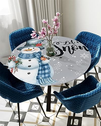 Christmas Snowman Round Waterproof Table Cover Fitted Tablecloth