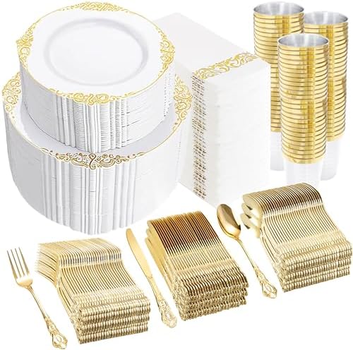 YOUBET 700PCS Gold Plastic Dinnerware Set for 100 Guests Wedding Party Graduation