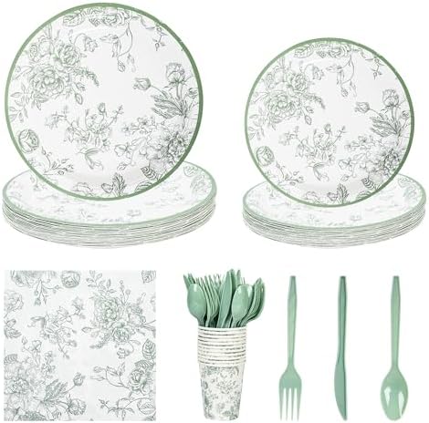 175Pcs Sage Green Floral Party Set Plates Napkins Cups Cutlery