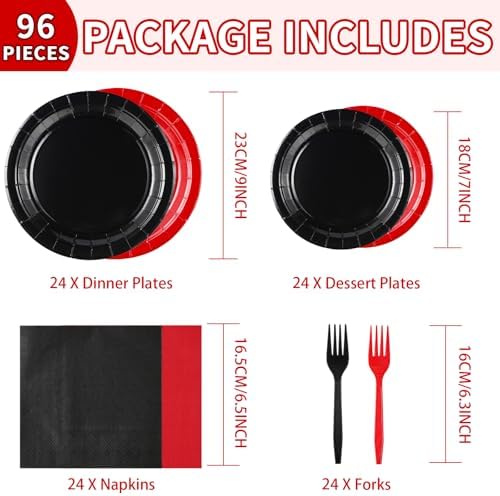 96 Pcs Red and Black Party Plates and Napkins Set