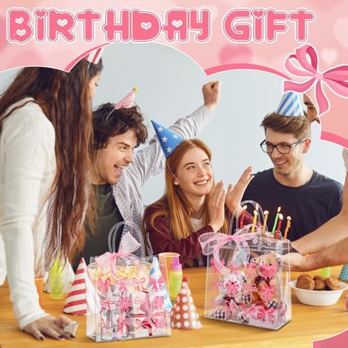 Kolldenn 24 Pcs Clear Gift Bags with Pink Bow Handles