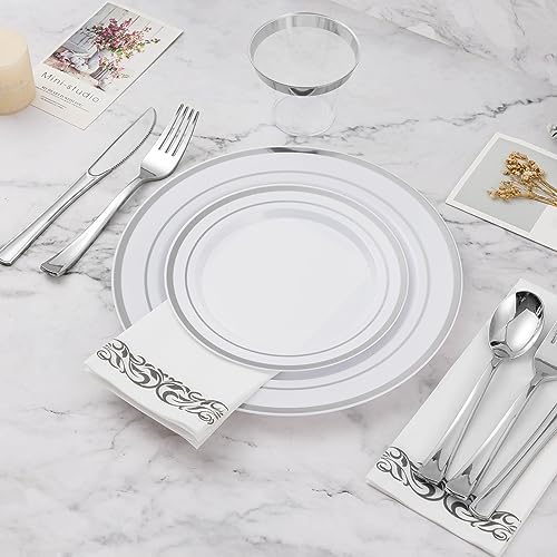 100PCS Silver Rim Plastic Dessert Plate 7 Inch Party Use