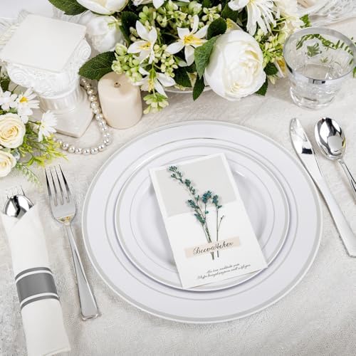 WELLIFE 350Pcs Silver Plastic Plates for 50 Guests - Party Dinnerware Set