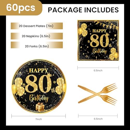 80th Birthday Paper Plates Napkins Forks 60pcs Set