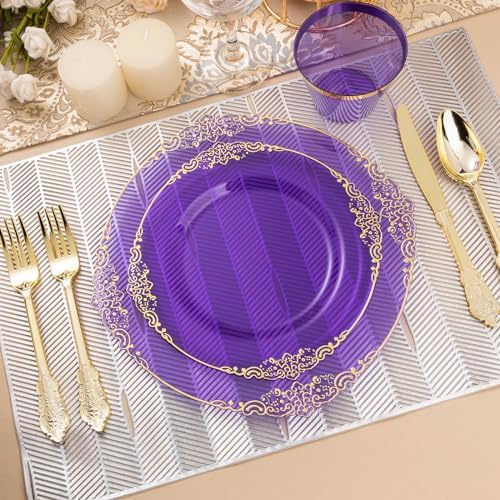 350PCS Clear Purple Plastic Plates with Gold Trim for 50 Guests