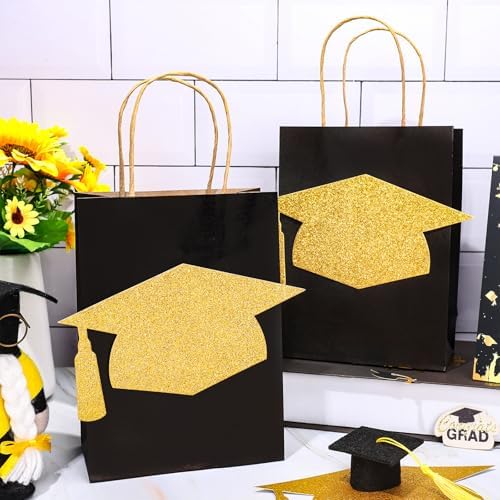 FYSUIMU 24Pcs Glitter Gold Graduation Gift Bags with Handle