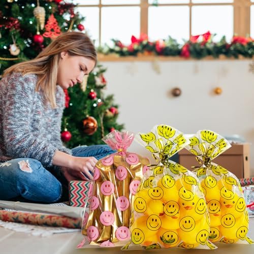 Eunoir 100 Pcs Yellow Red Smile Face Cellophane Bags with Twist Ties