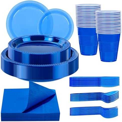 WELLIFE 210Pcs Clear Blue Plastic Plates Set for Party