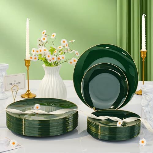 175 Piece Green Gold Plastic Dinnerware Set for Parties